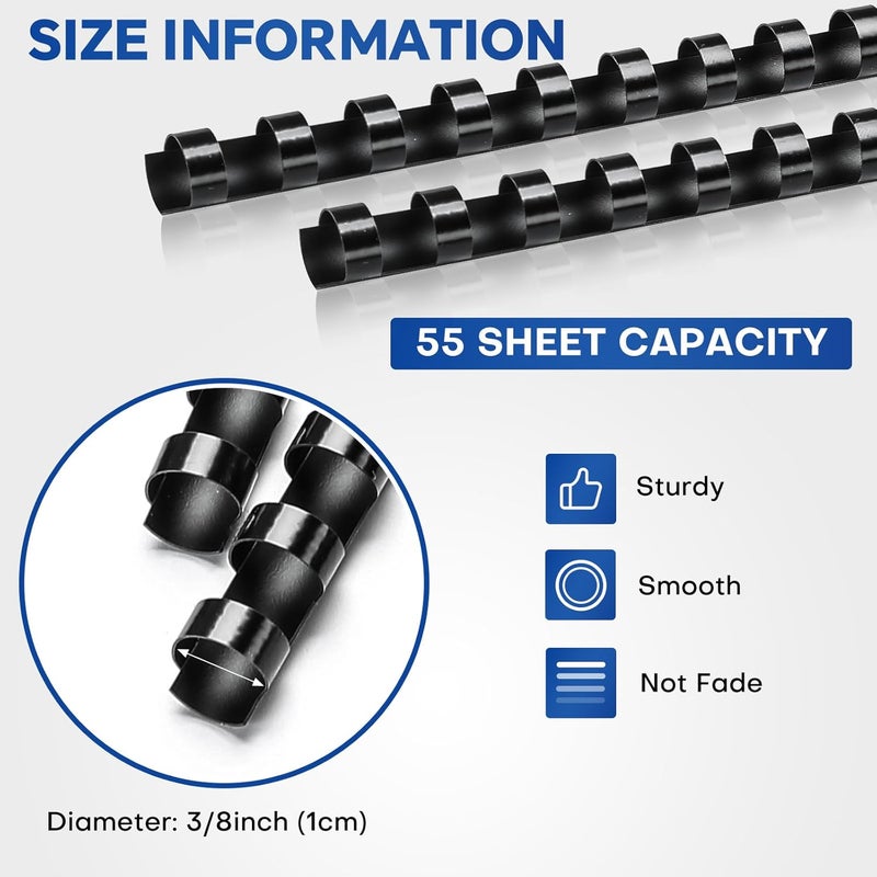 MYFULLY 100 Pack 21 Ring Plastic Comb Binding Spines | 3/8 Inch Diameter, 55 Sheet Capacity, A4, Black Binding Comb (3/8" (55 Sheet Capacity)) - Image 2